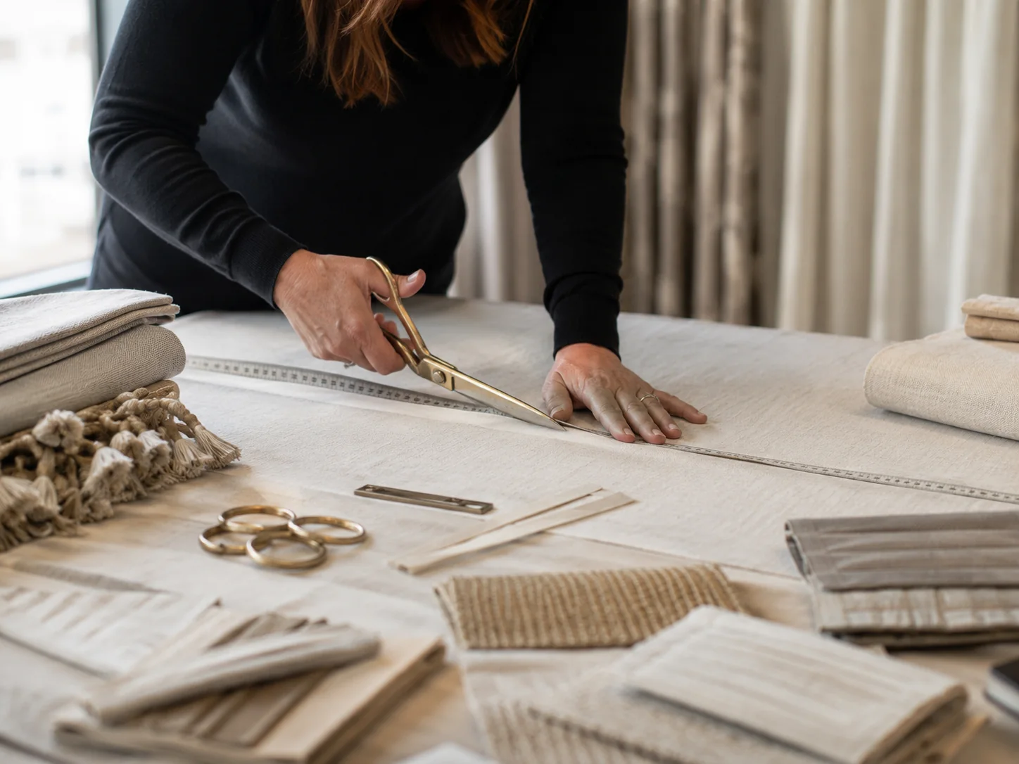 Close-up of professional drapery fabric being measured and cut in a workroom