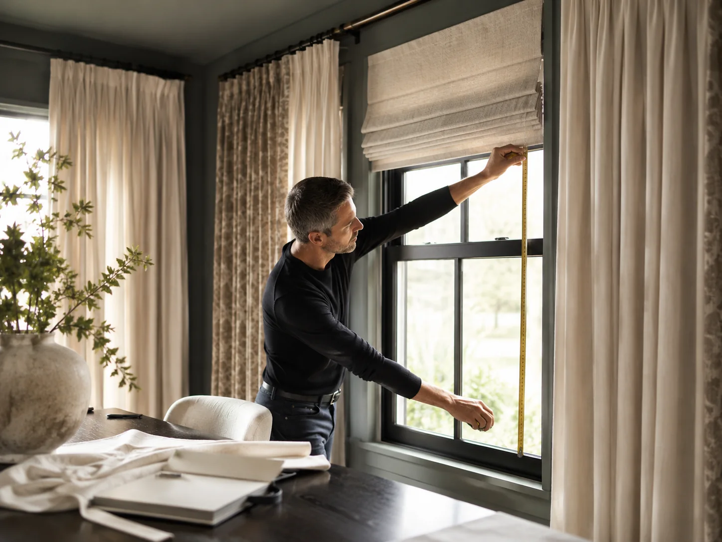 Window treatment professional measuring a residential window
