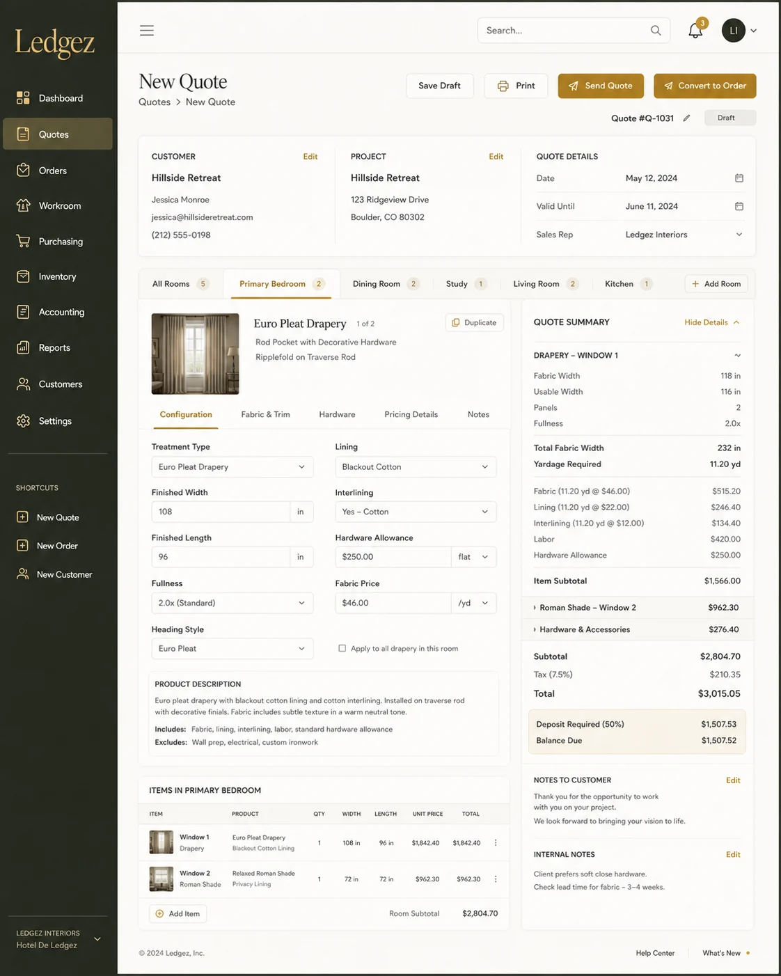 Ledgez quote builder configured for custom window treatment products