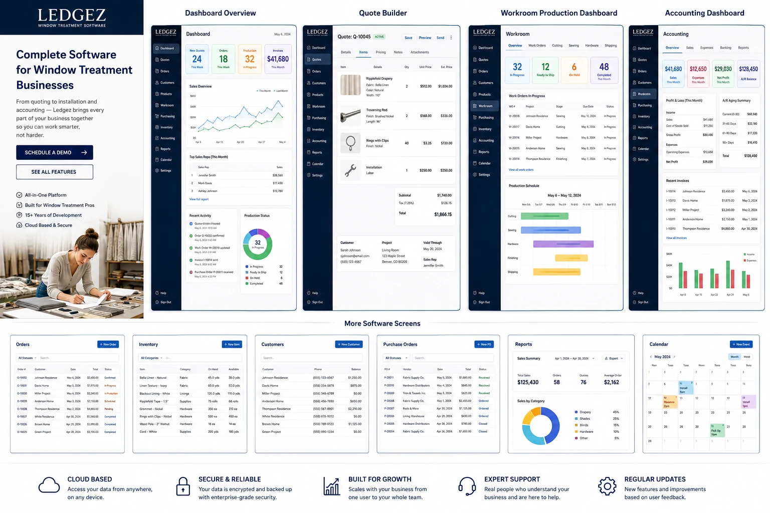 Overview of Ledgez quoting, production, order, inventory, and accounting screens