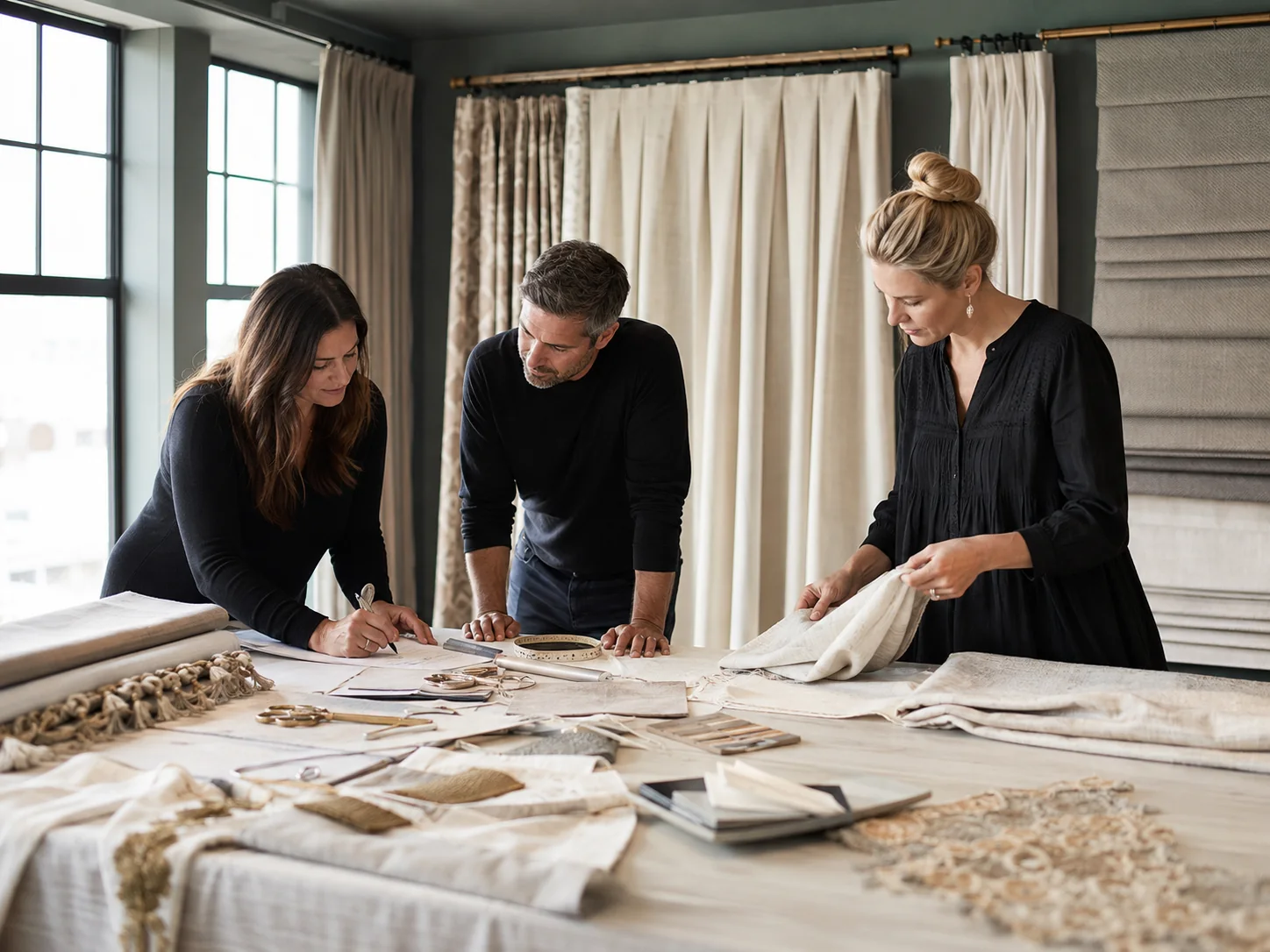Drapery workroom team reviewing fabrics, trims and project information