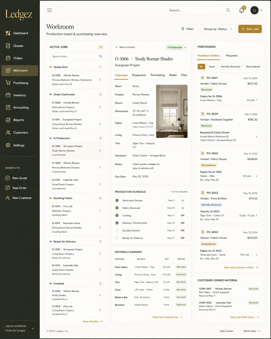 Ledgez workroom dashboard showing open jobs and production status